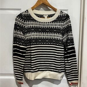 J. Crew Black & White Fair Isle Striped Crewneck Sweater